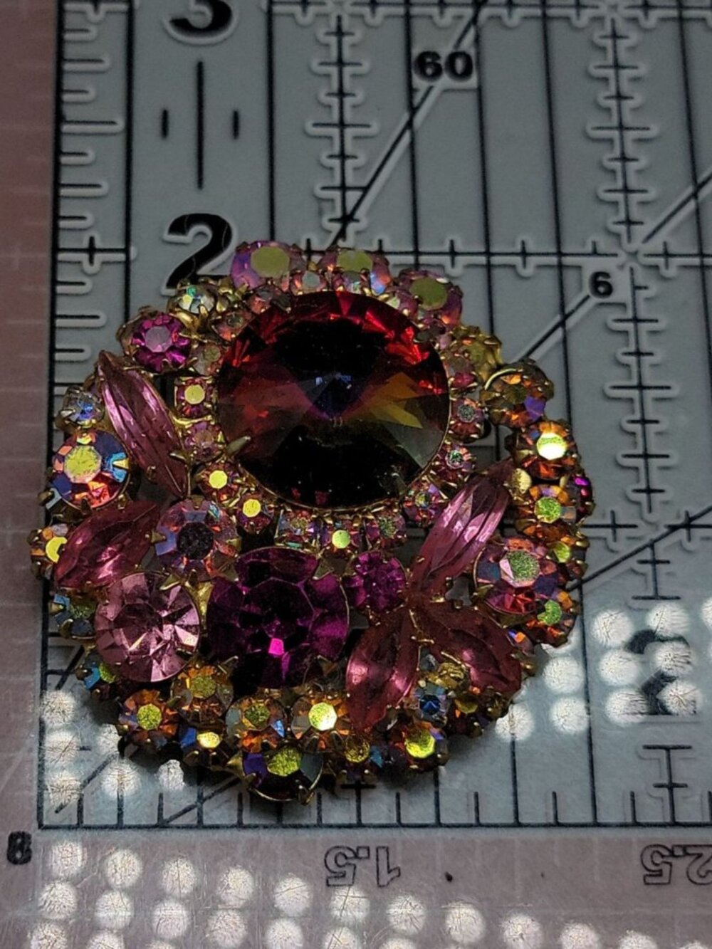 Juliana D&E Vintage Watermelon Rivoli Brooch Layered Pink Fuchsia AB Rhinestones - Picture 3 of 7